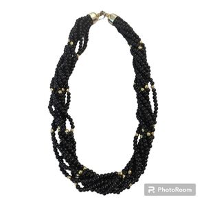 Vintage Black & Gold Tone 8 Strand Beaded Twisted Chocker Necklace 18"